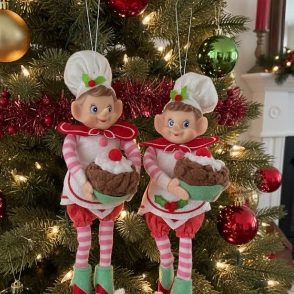 2 Vintage 11” Christmas Knee Hugger Posable Rubber Face Baking Festive Elfves